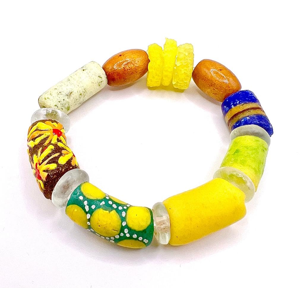 Glass Adornments Ghanaian Recycled Handmade Powder Glass Trade Bead Bracelet (M, Yellow)