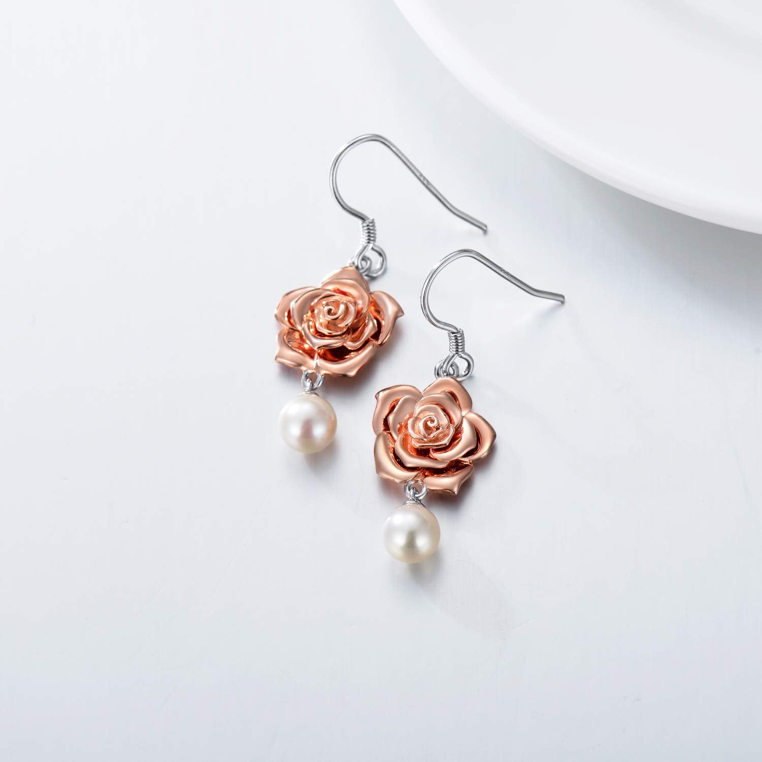 LONAGO Rose Flower Pearl Drop Earring White Pearl Dangle Earrings Rose Dangle Earring for Women (rose flower, sterling-silver)