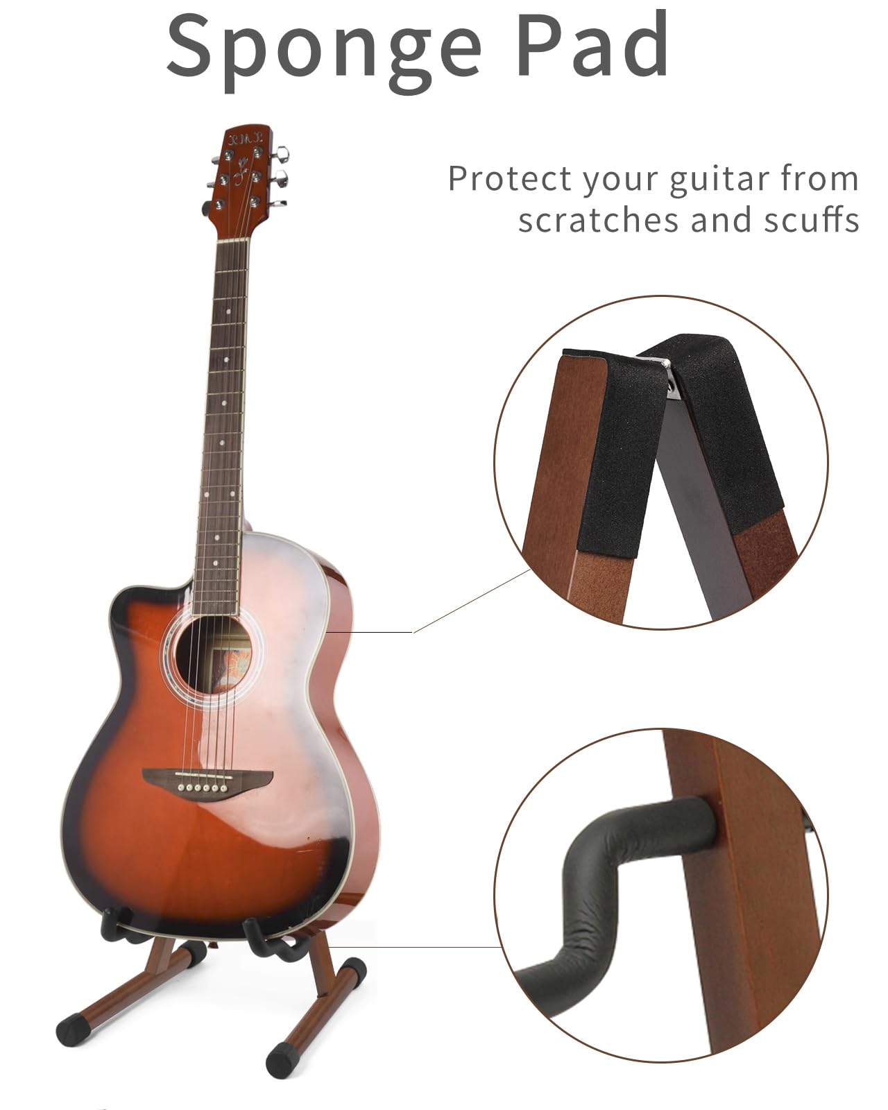 Syncoost Wood Guitar Stand with Tuner, Acoustic Wooden Floor Stand with Padded Foam, Adjustable for Electric, Bass, Mandolin, Banjo, Ukulele - A-Frame Folding Holder, include Guitar Tuner Clip On