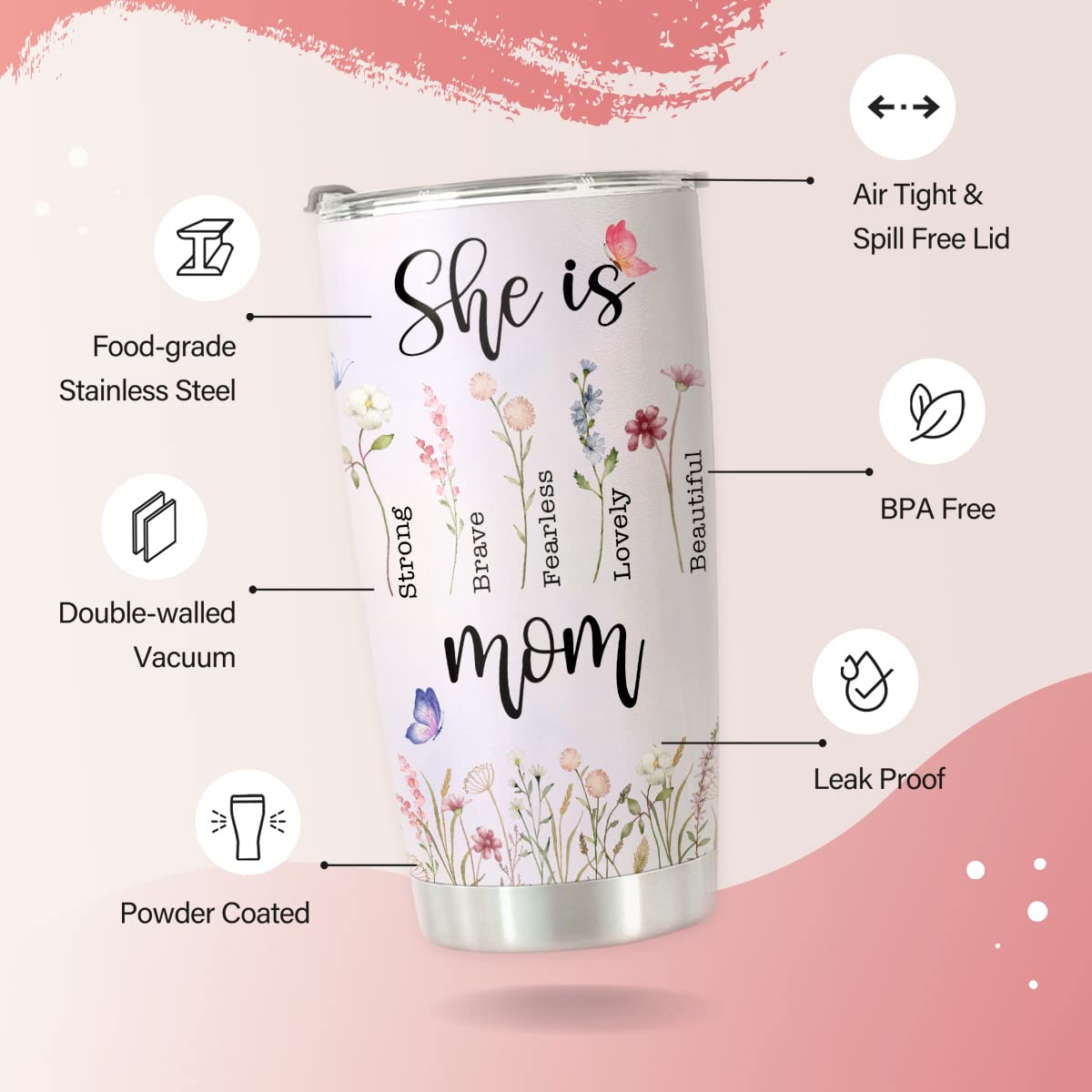 HOMISBES Best Mom Tumbler - She is Strong Vacuum Insulated Stainless Steel Travel Mug with Straw for Mom Birthday Mothers Day - Cute Flora Mom Cups 20oz