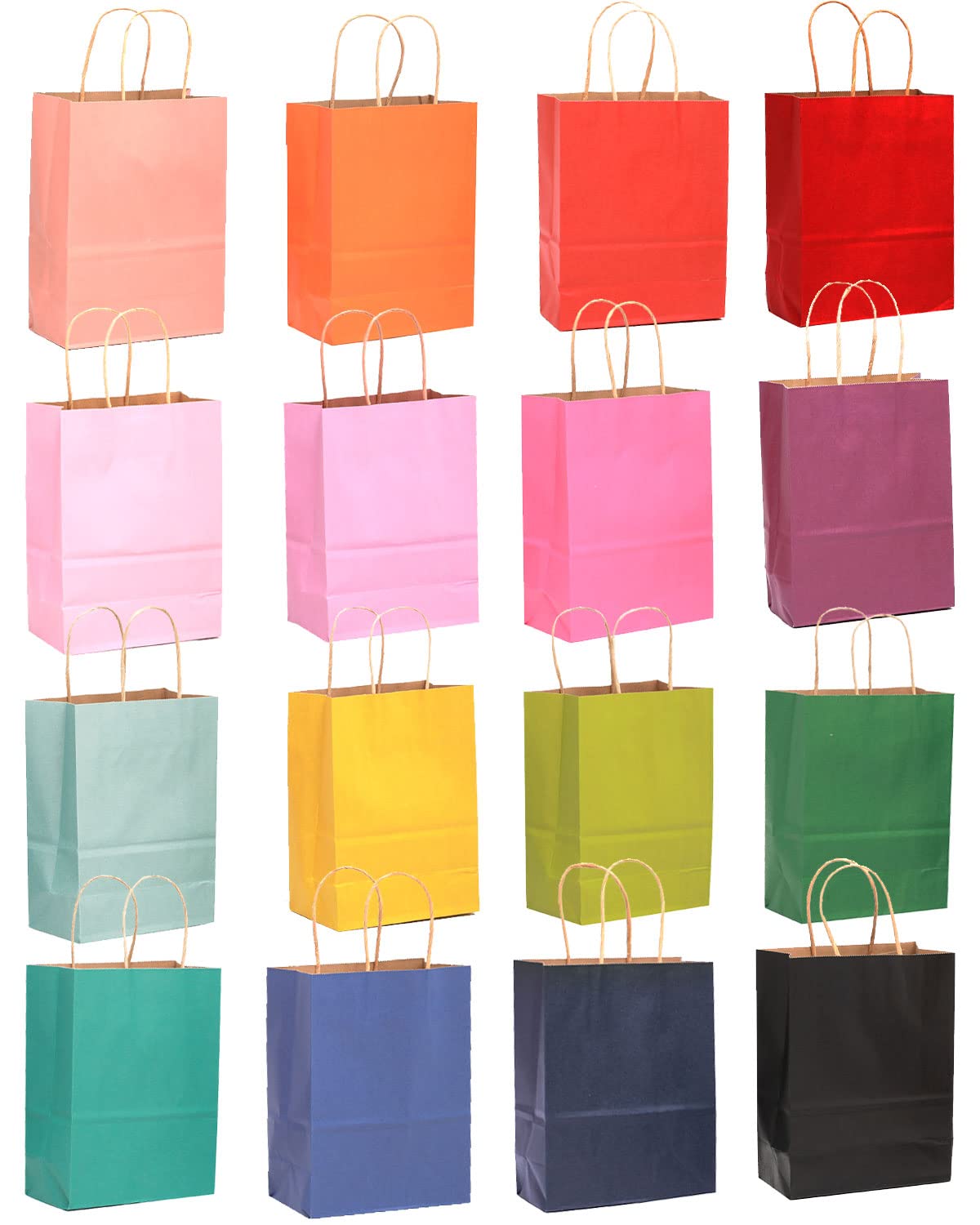 qiqee 60-Packs Paper Bags with Handles Bulk 8.26"×6"×3.15" Small Gift Bags 16 Different Senior Color Bags Multiple Uses（Small Size）