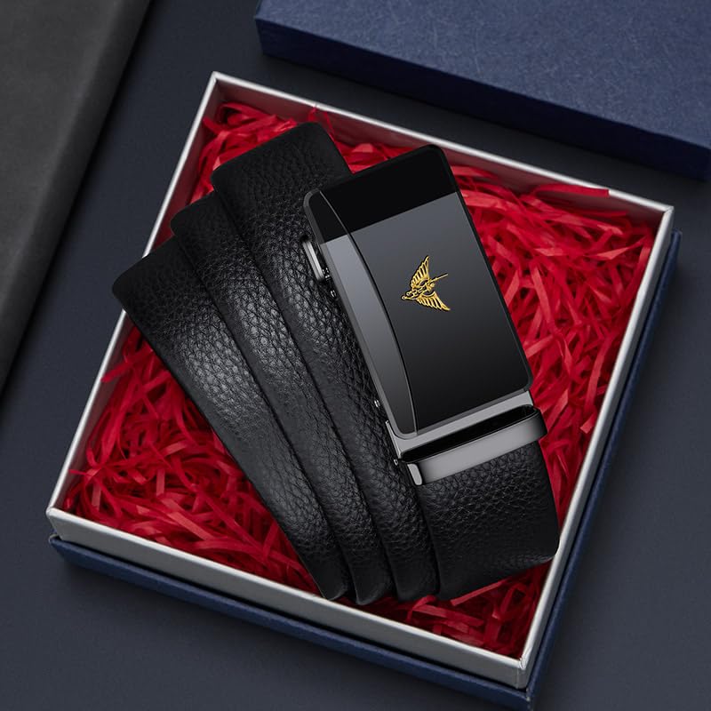 VANNANBA Mens Leather Ratchet Belts Slide Dress Belts for men Automatic Buckle with Gift Box