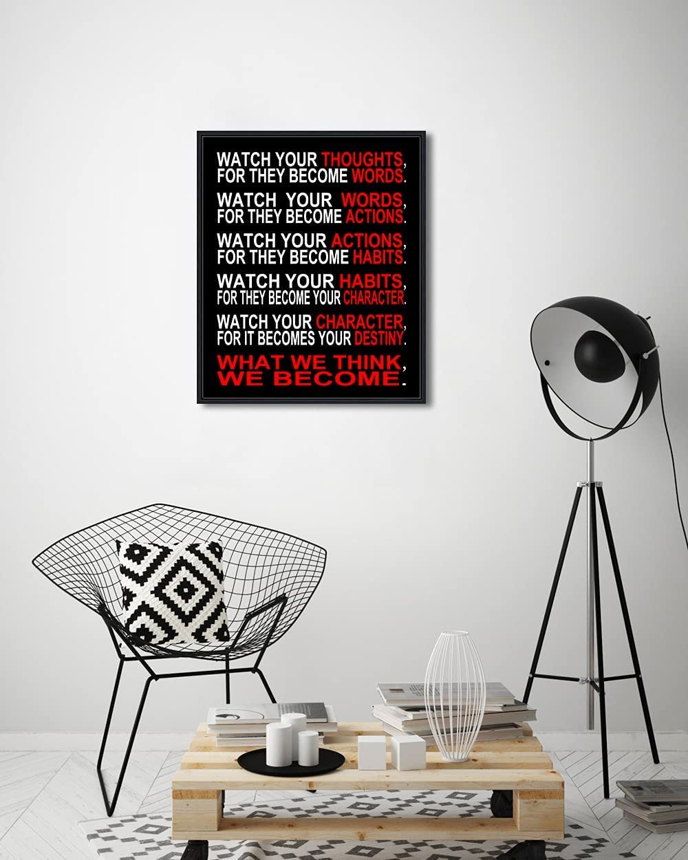 Pyradecor Black Framed Watch Your Thoughts Motivational Classroom Poster Modern Canvas Prints for Office Living Room Home Decorations Giclee Pictures Artwork