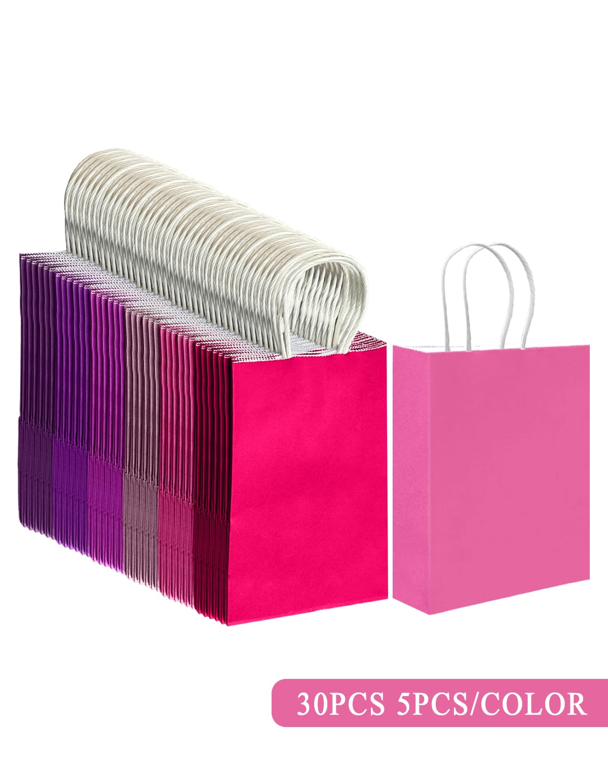 qiqee 30PCS Small Gift Bag with Handles Bulk 8.3"x6"x3" Gift Bags 6 Different Pink ＆ Purple Color Bags Multiple Uses (Small Size)