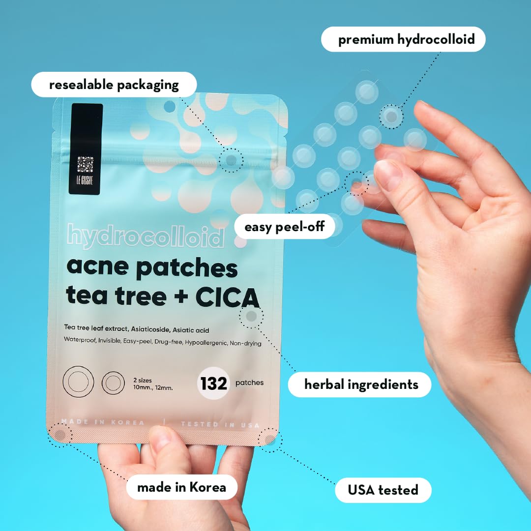 LE GUSHE Korean Pimple Patches for Face (132 dots) - Hydrocolloid Acne Patches with Tea Tree Oil - Invisible Blemish Patches - Dermatologist Tested Zit Patches | Korean Skin Care