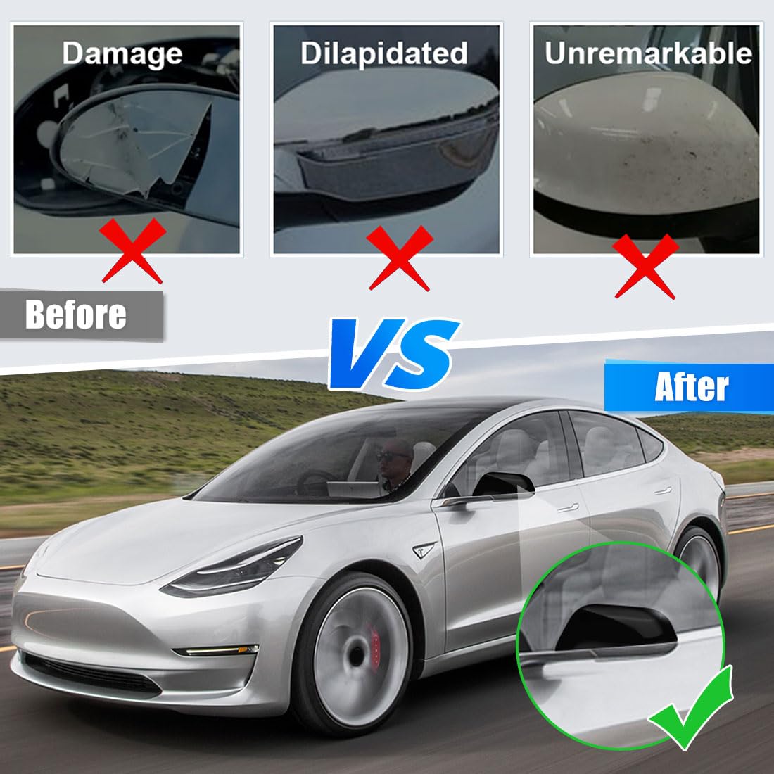 2 Pcs Replacement Glossy Black Shells Mirror Covers Compatible with 2017 2018 2019 2020 2021 2022 2023 Tesla Model 3