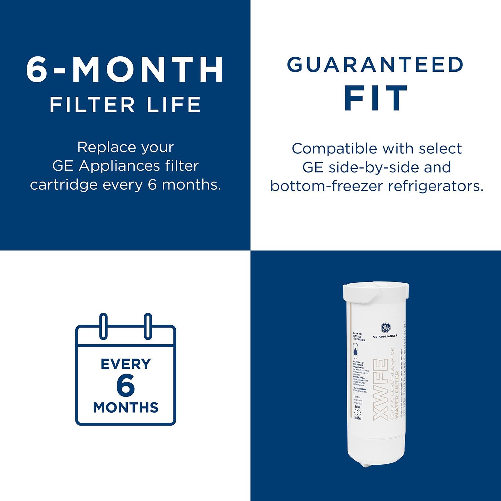 GE XWFE Refrigerator Water Filter, Genuine Replacement Filter, Certified to Reduce Lead, Sulfur, and 50+ Other Impurities, Replace Every 6 Months for Best Results, Pack of 1