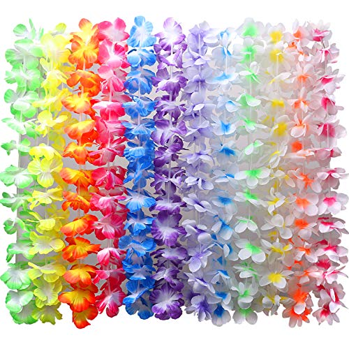 Myamy Hawaiian Leis for Luau Party Decorations: Hawaii Lays Tropical Silk Flower Necklace Bulk Beach Birthday Themed Party Favors Decor Supplies 12 Counts