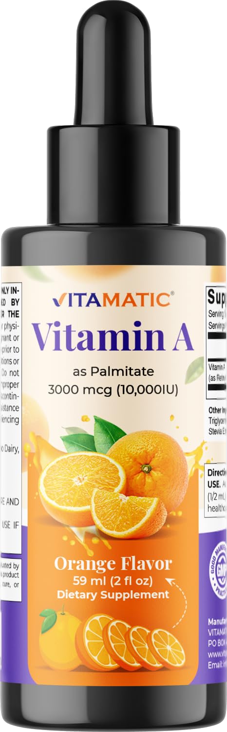 Vitamatic Sugar Free Vitamin A Liquid Drops 10000 IU (3000 mcg) as Retinyl Palmitate - Approximate 4 Months Supply - Immune Support, Eye Health, Skin Health - 2 FL OZ (59 ml)