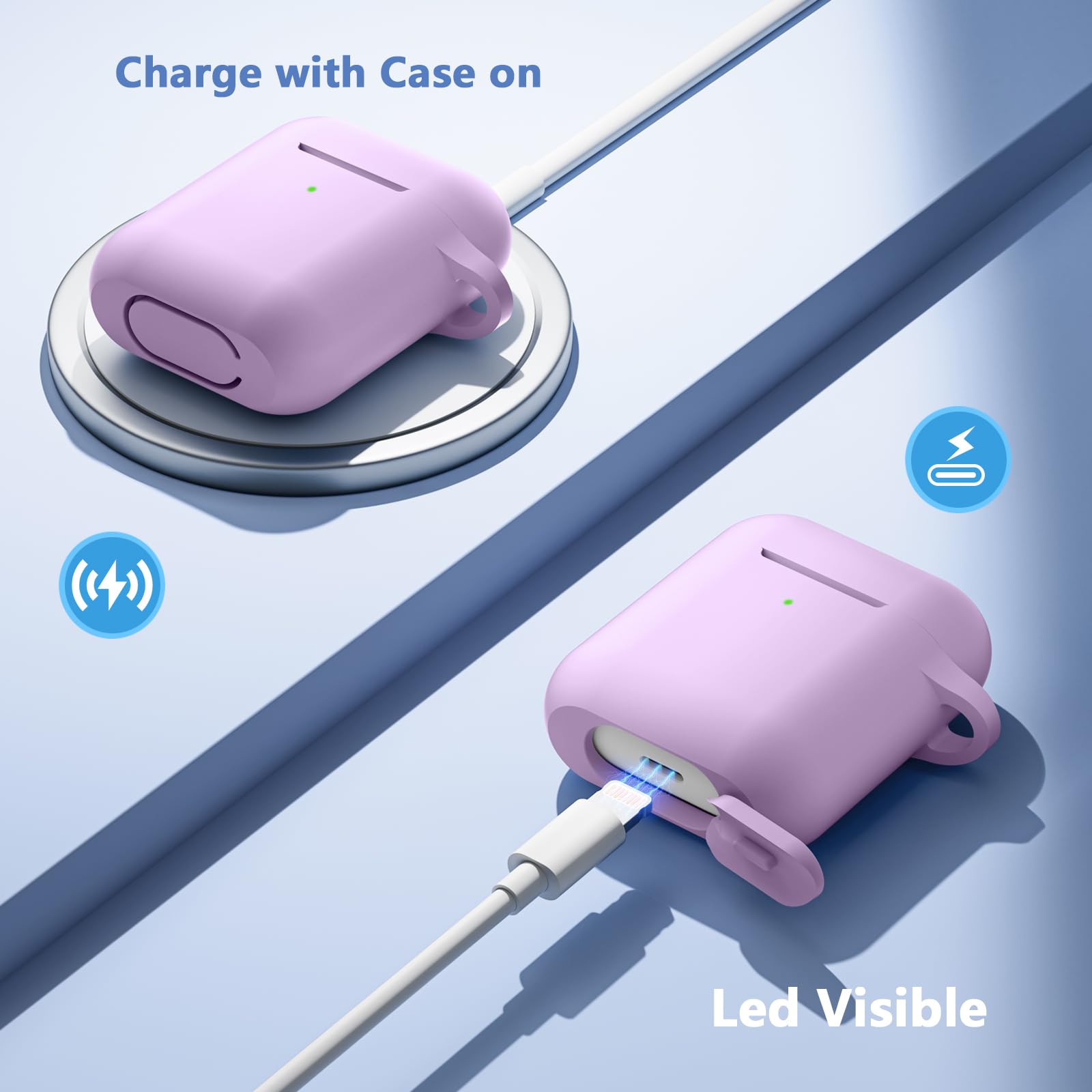 Lerobo for AirPods Case 1st/2nd Generation Case Cover,Soft Silicone Full Protective Case with Cleaner Kit and Magnetic Anti-Lost Cord,for Airpods Case with Keychain Front LED Visible, Lavender