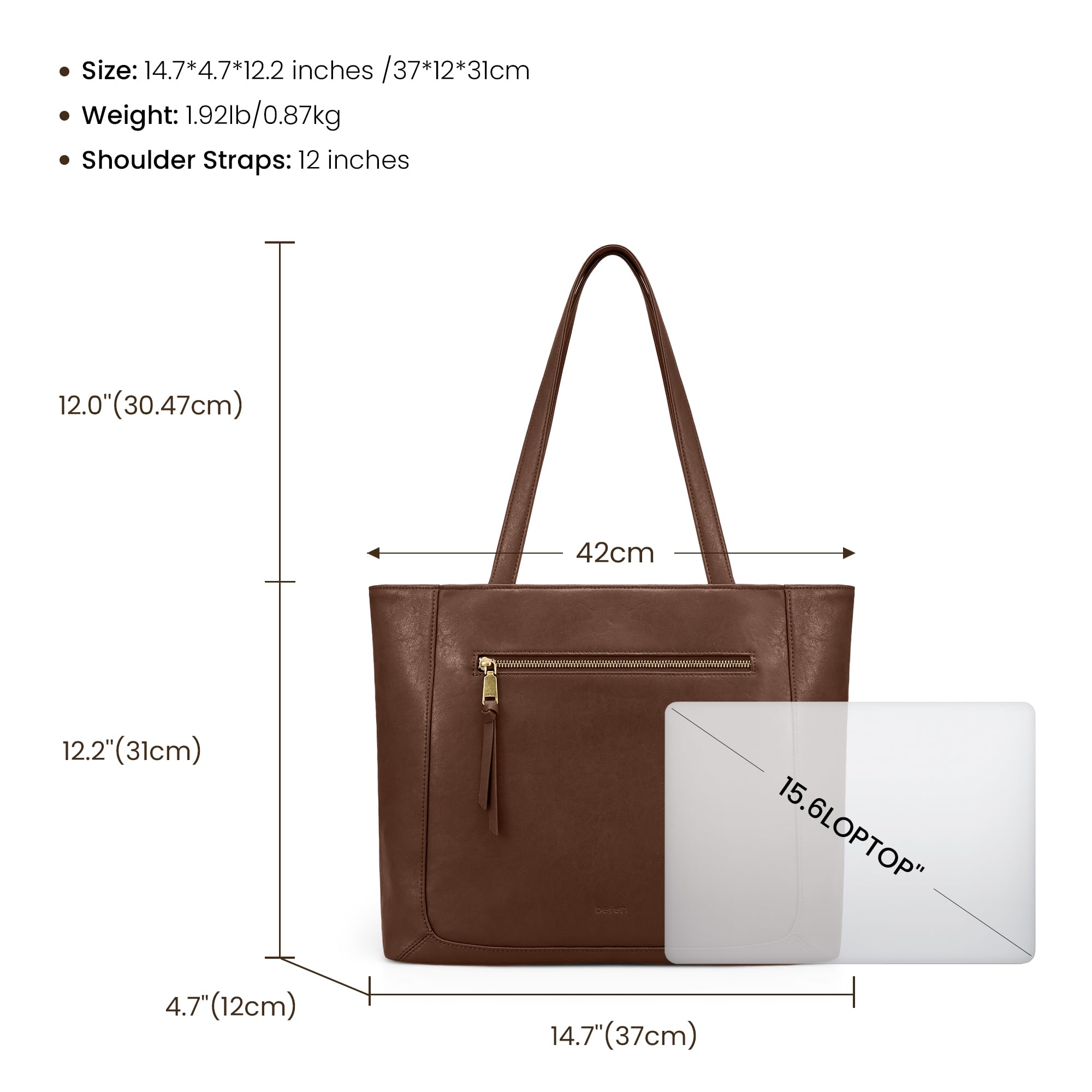 befen Genuine Leather Tote Bag for Women, Women's Shoulder Handbags Tote Purse with Zipper Work Shoulder Bag Tote with 15.6" Compartment, Brown