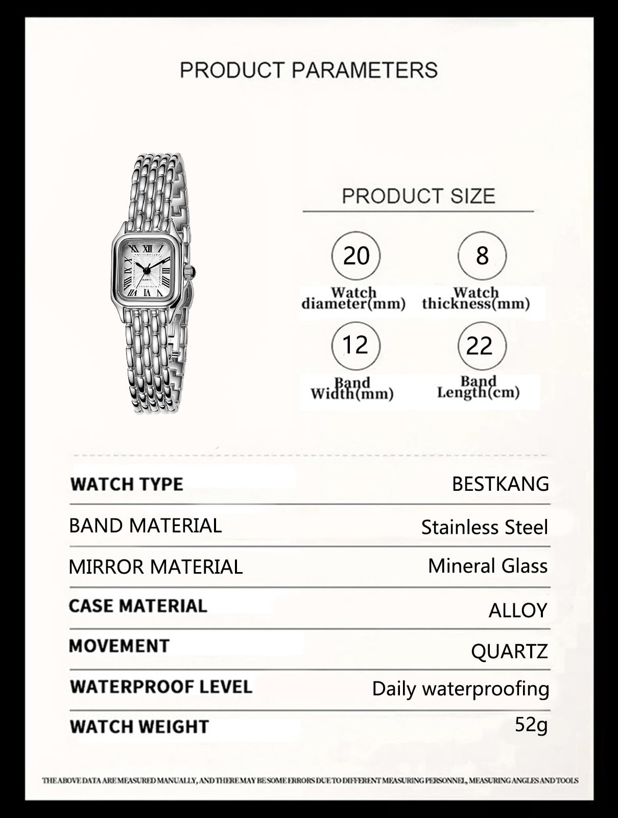 BESTKANG Women's Watch, Vintage Square Classic Luxury Watch with Roman Numerals Quartz Movement Gold/Silver/Two-Tone Stainless Steel Band Elegant Dress Wrist Watches for Women (Silver White)