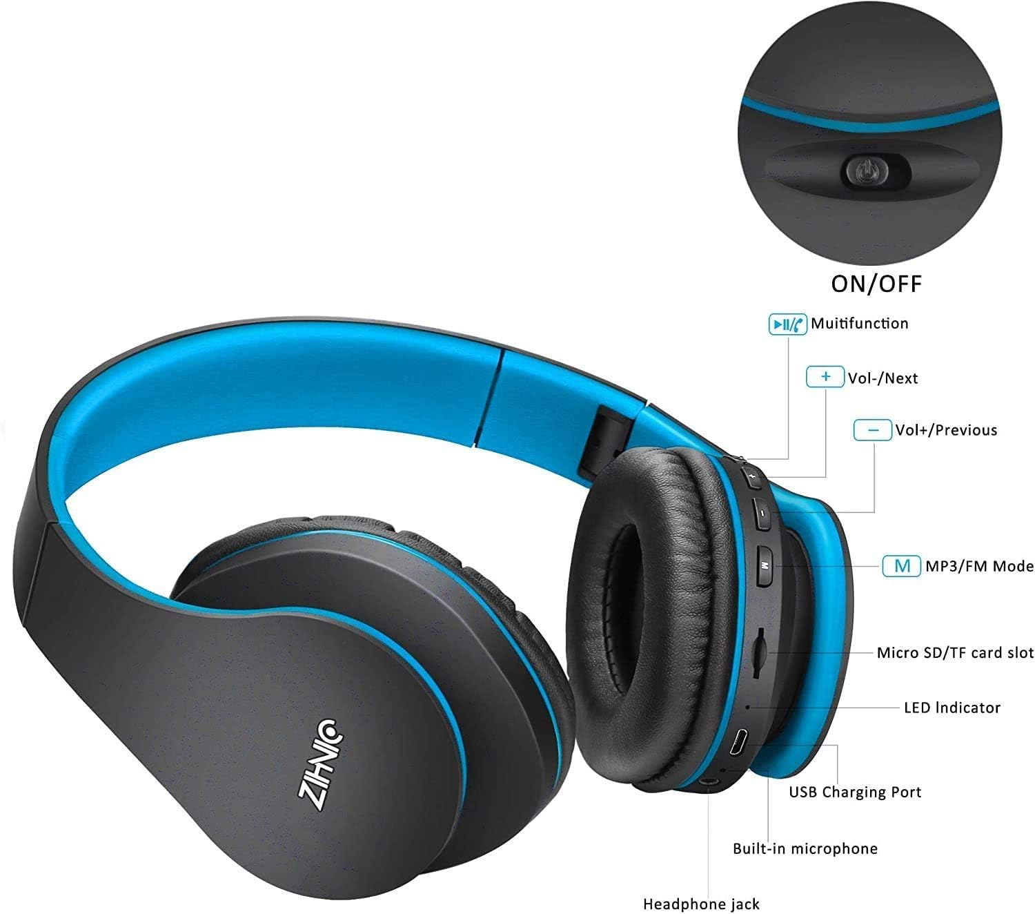 ZIHNIC Bluetooth Headphones, Foldable Wireless and Wired Stereo Headset Micro SD/TF, FM for Cell Phone,PC,Soft Earmuffs &Light Weight for Prolonged Wearing (Black/Blue)