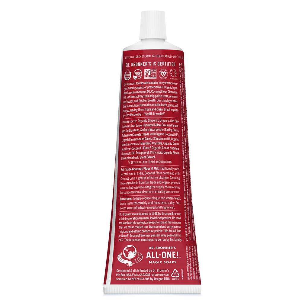 Dr. Bronner’s - All-One Toothpaste (Cinnamon, 5 Ounce, 3-Pack) - 70% Organic Ingredients, Natural and Effective, Fluoride-Free, SLS-Free, Helps Freshen Breath, Reduce Plaque, Whiten Teeth, Vegan