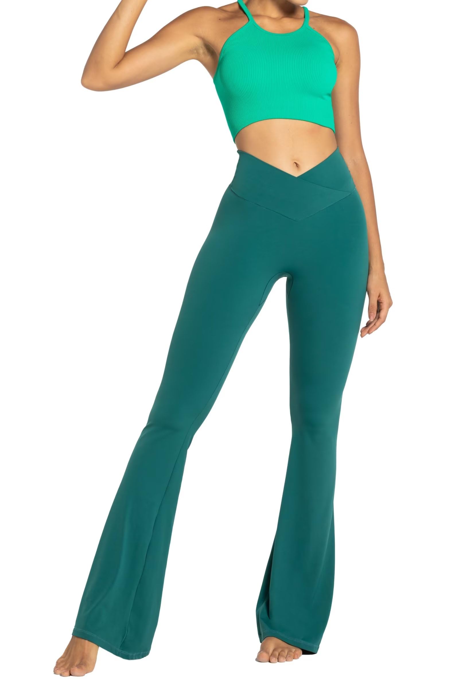 Sunzel Flare Leggings, Crossover Yoga Pants with Tummy Control, High Waisted and Wide Leg, No Front Seam Jasper Green Medium