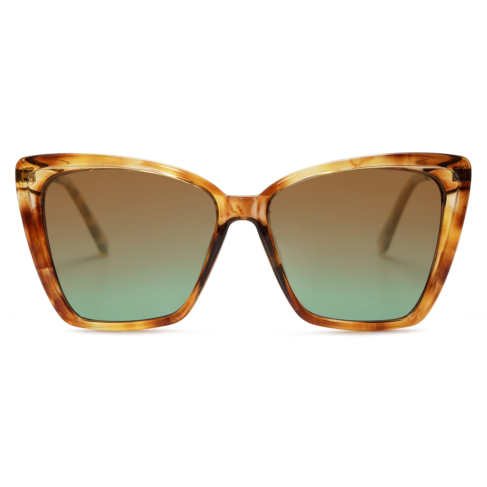 SOJOS Trendy Polarized Sunglasses For Women Retro Womens Oversized Square Cat Eye Sun Glasses UV Protection SJ2206 Yellow Tortoise Frame/Brown Grading Green Lens
