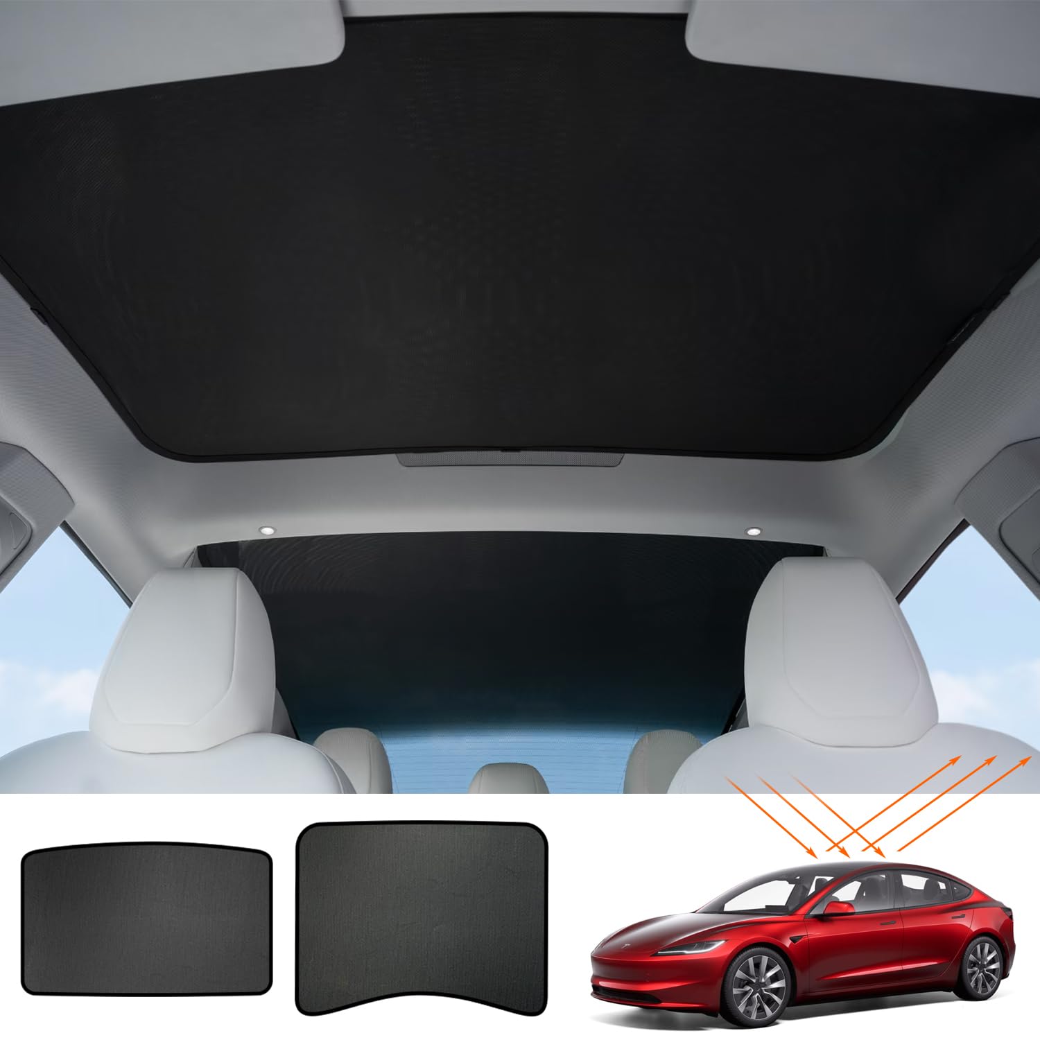 Farmogo Glass Roof Sunshade Sunroof Window Sunshade Foldable Sunshade Compatible with Tesla Model 3(2024) Accessories (2 of Set) (black)