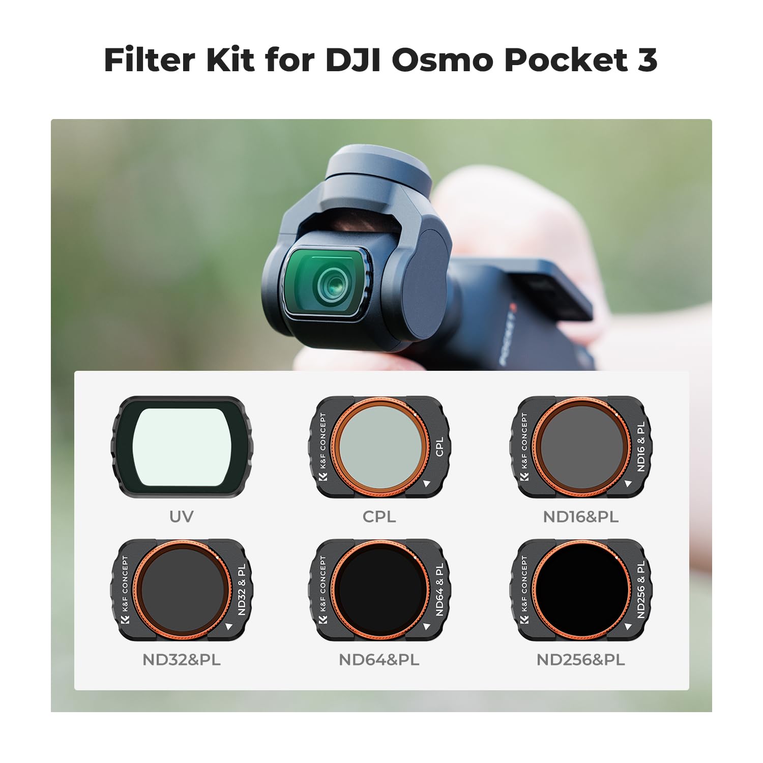 K&F Concept UV/CPL/ND Filter Set Compatible with DJI Osmo Pocket 3, 6 Pack Magnetic UV+CPL+ND16/PL+ND32/PL+ND64/PL+ND256/PL Protection Polarizer Neutral Density Filters, Multi Coated HD Optical Glass