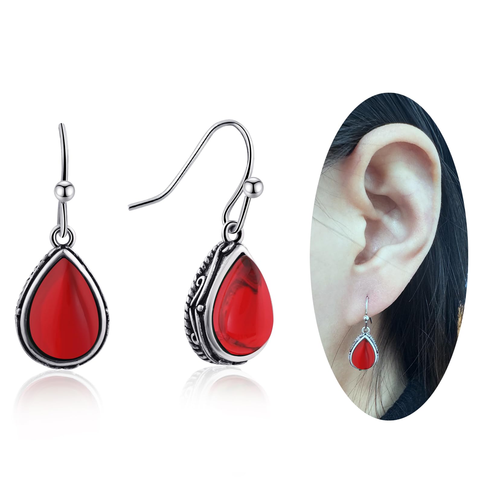 Ruby Drop Dangle Earrings Silver Teardrop Vintage Earrings Red Crystal Hanging Earrings Birthstone Earrings for Women Girls