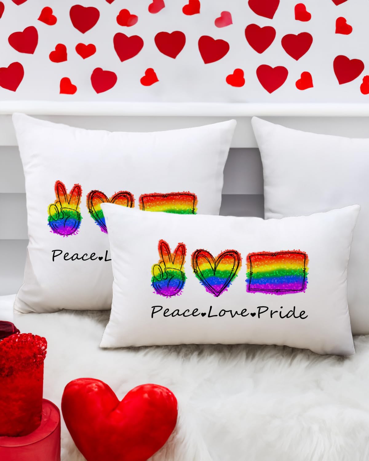 Valentine's Day Rainbow Pride Pillow Cover 12x20 Inch - Peace Sign, Heart, and Flag Design - Inclusive Love Celebration Cushion Case for Sofa and Couch Decor