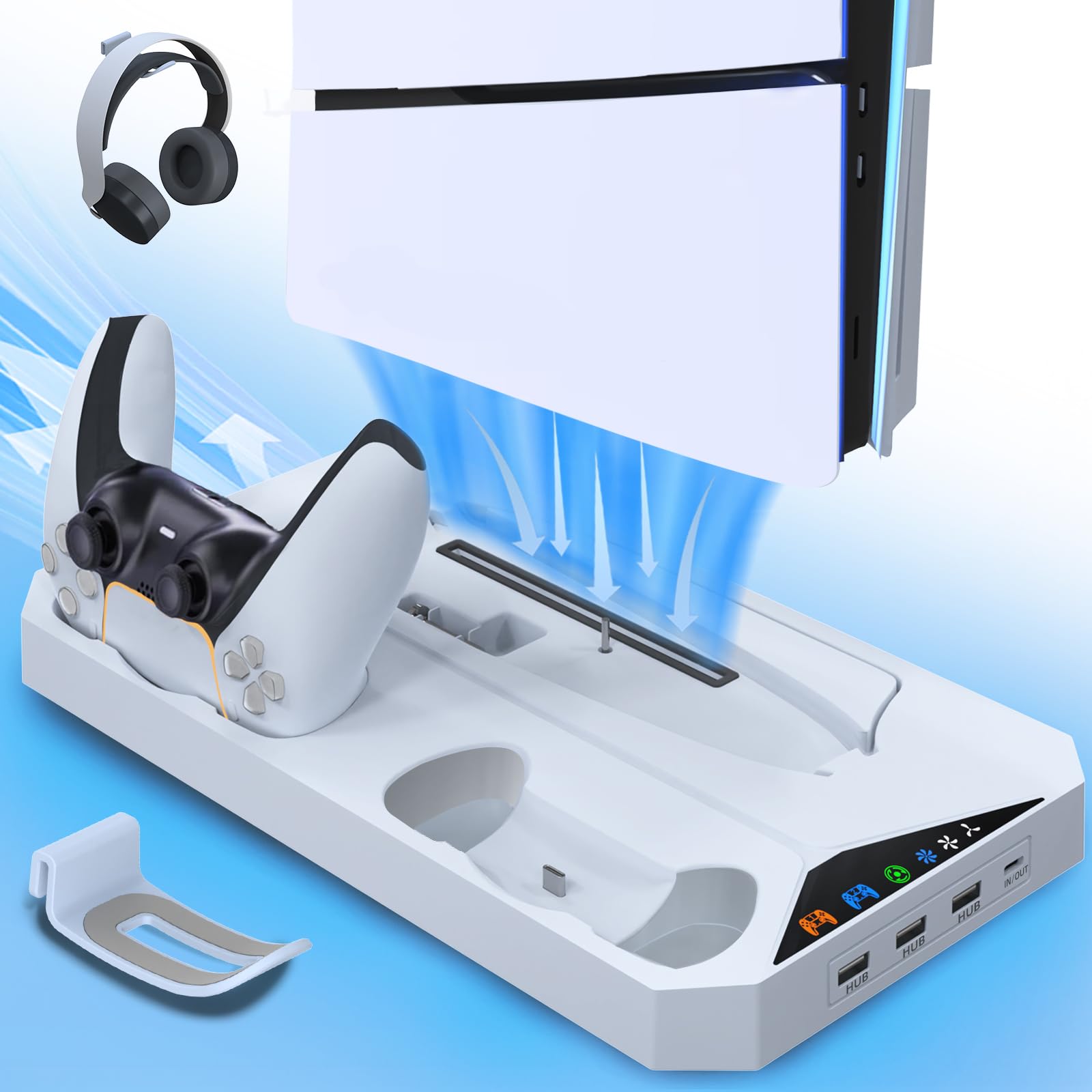 PS5 Slim Stand and Cooling Station with Dual Controller Charging Station for PlayStation 5 Slim Disc/Digital, Vertical Cooling Stand with 2 Headset Holder, 3 USB Hubs(Not for Regular PS5)