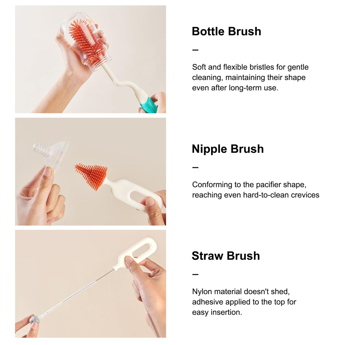 Rabbit Baba Silicone 4-in-1 Baby Bottle Brush Set,Nipple Brush, Bottle Brush, Straw Brush， Safe and Durable, Easy to Clean and Dry，4 Count，Cleaning Set，Uniform Storage Base，Draining Base (yellow Base)