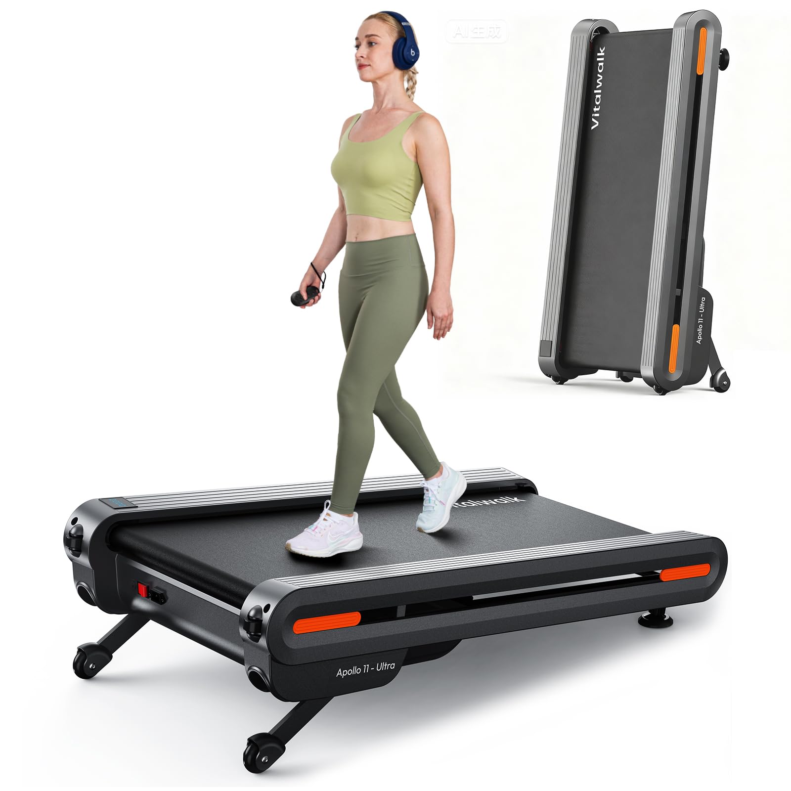 Walking Pad Treadmill with Auto Incline, Vitalwalk Wide Full Deck, 400lbs/350lbs Capacity, Portable Under Desk Treadmills for Home Office, 3.0HP Brushless, Vertical Space-Saving, Ambient Light, APP