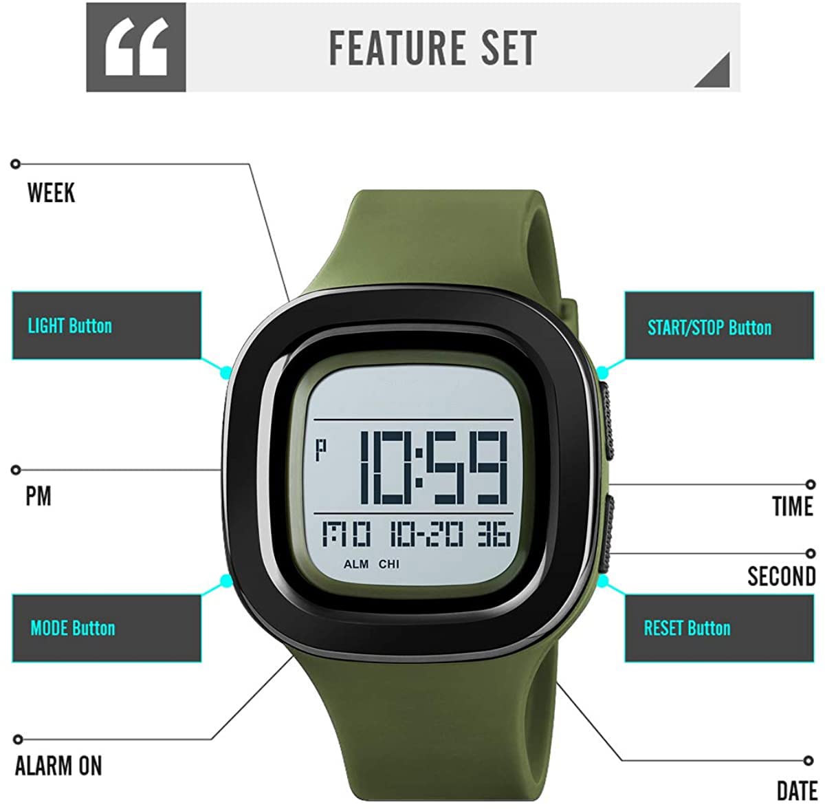 BESTKANG Unisex Outdoor Sports Watches LED Large Face Digital Sports Watch Military Waterproof Men Women Student Watches (B-Green)