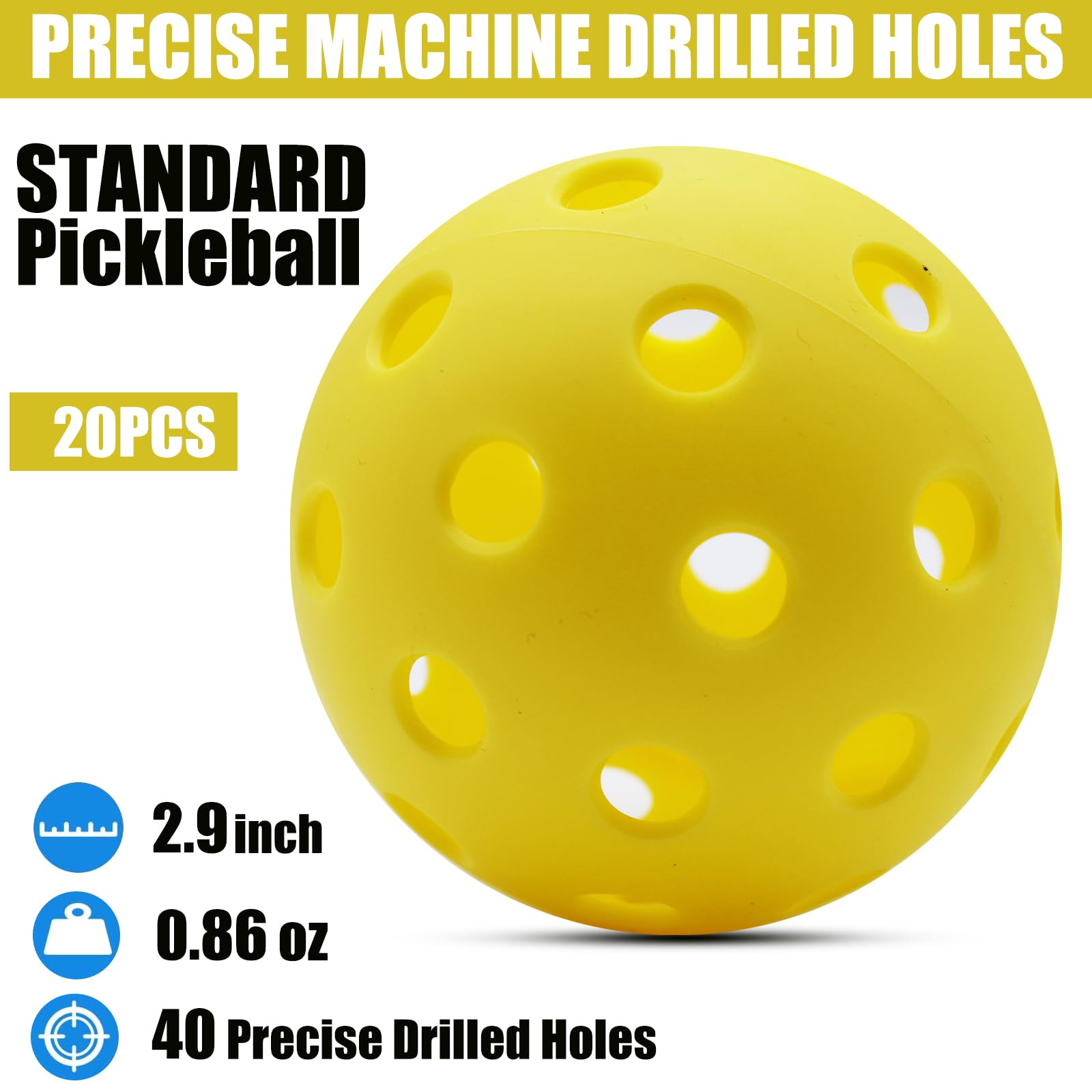 Magicorange Pickleball Balls, 20 Pack 40 Holes Outdoor Pickleballs, High Elasticity & Durable Pickle Balls for All Style Pickleball Paddles (Yellow)