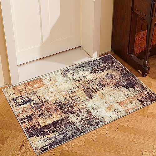 OIGAE Washable Rug 2x3, Abstract Modern Small Entryway Rug Door Mat with Non-Slip Backing, Front Entrance Carpet for Entrance Bedroom Bedside Kitchen Laundry Home Decor, Gold/Brown