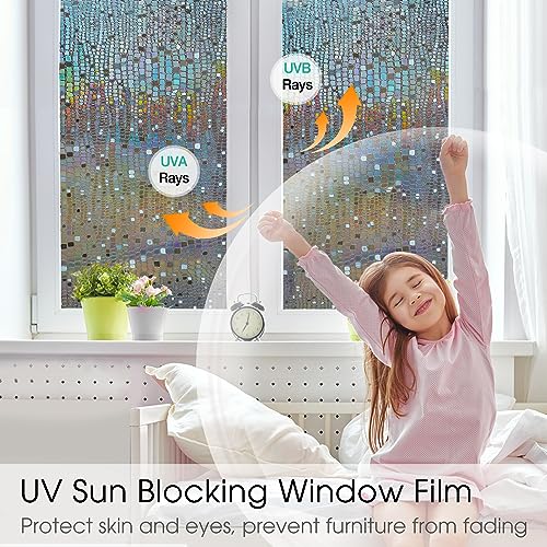 Beautysaid Window Privacy Film Stained Glass 3D Rainbow Prism Window Clings Heat Blocking Window Tint Sun Catchers Peel and Stick Decorative Window Decals Home Bathroom Door(Pure,35.4x118 in)