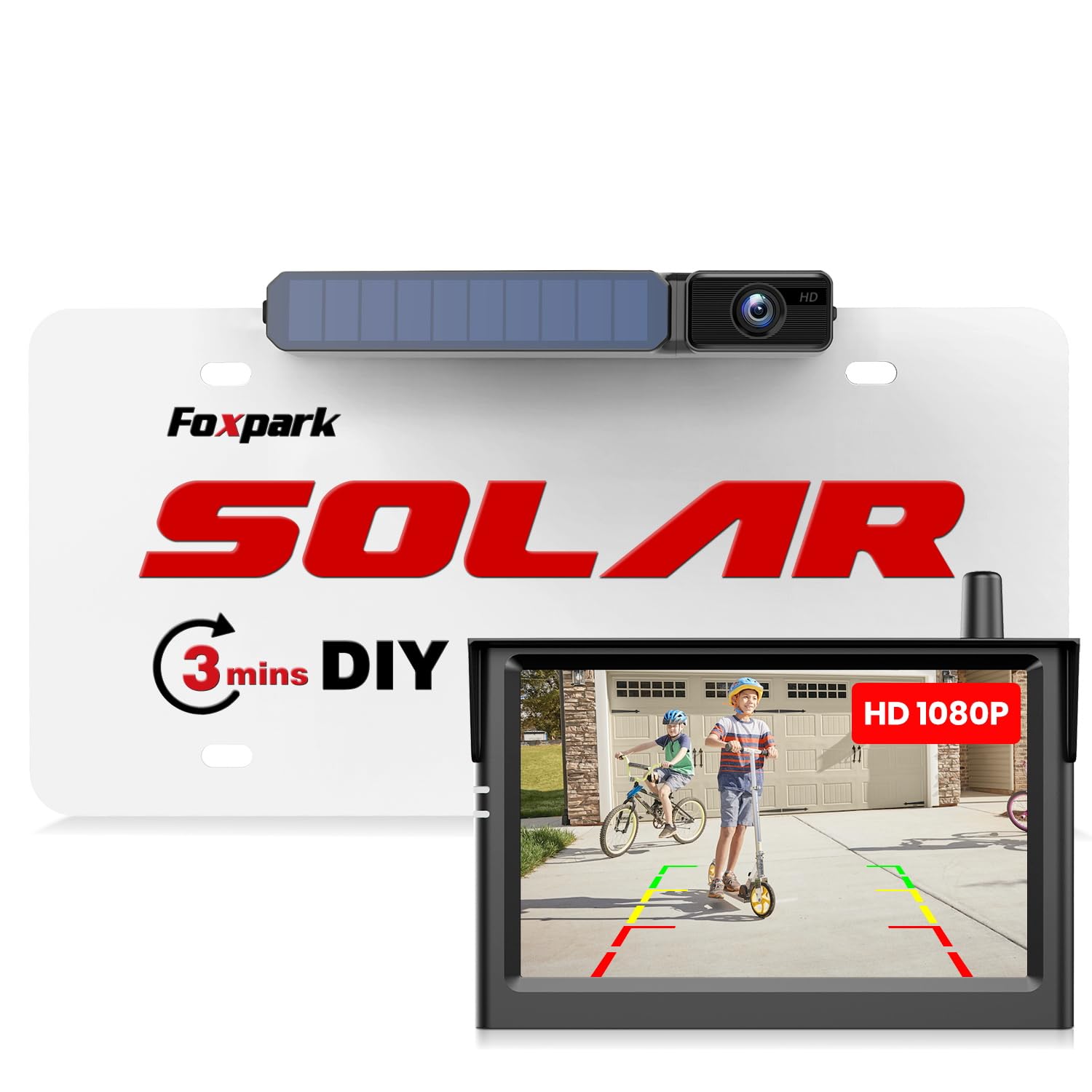 Foxpark Solar Wireless Backup Camera with HD 1080P 5" Monitor,3 Mins DIY Installation, IP69K Waterproof Back Up Camera Systems, Support 2 Channels Reverse Camera for Car, Truck, Trailer, Van, RV