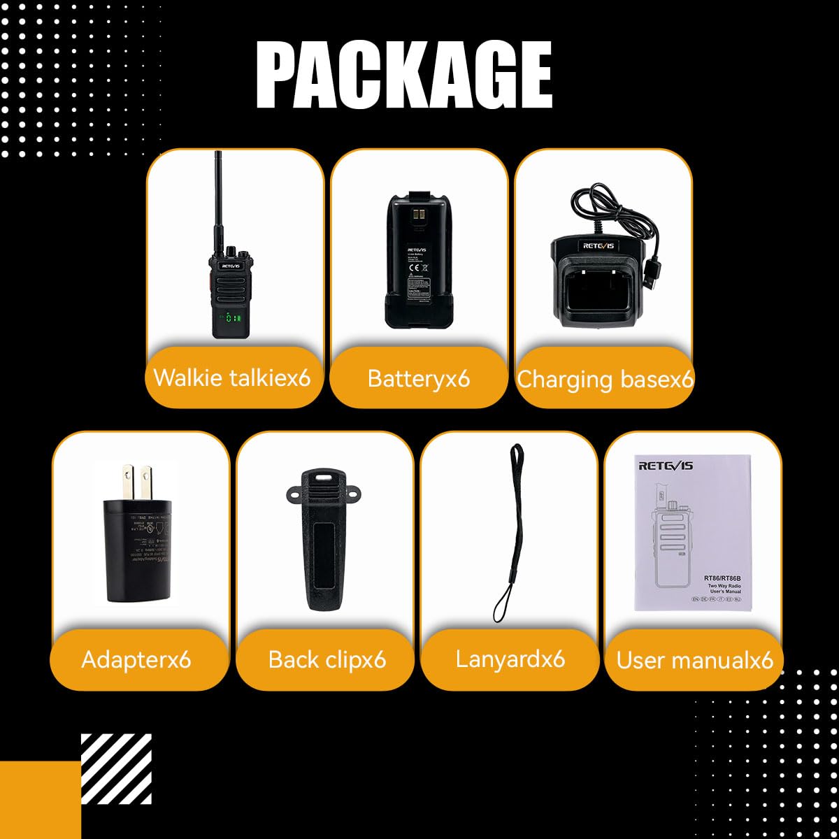Retevis RT86 Long Range Walkie Talkies for Adult, High Power 2 Way Radios, Heavy Duty Two Way Radios, Shatterproof Display, 2600mAh, for Commercial Construction(6 Pack)