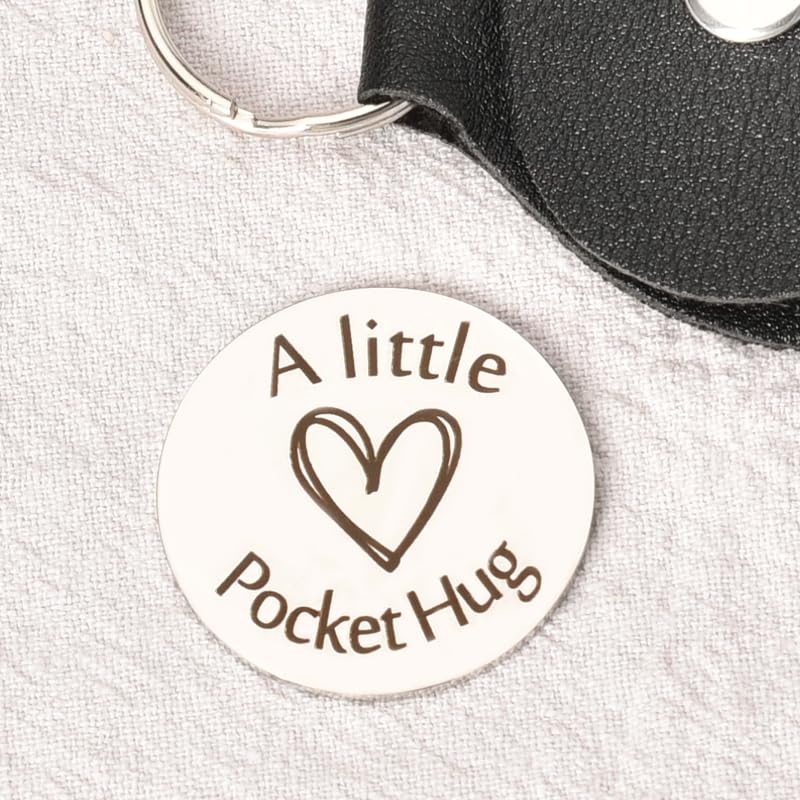 Long Distance Relationship Inspirational Gifts for Husband Boyfriend Wife Double Sided Pocket Hug Token With Black Leather Keychain Gifts for Best Friend Mom Grandma Sister Birthday Christmas Gift