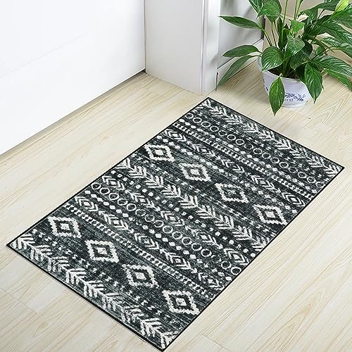 Lahome Boho Moroccan Throw Rug,Washable Black White 2x3 Entryway Rug Non Slip,Low-Pile Soft Bath Mat Rustic Tribal Kitchen Farmhouse Rugs for Entry Front Door (2x3ft)