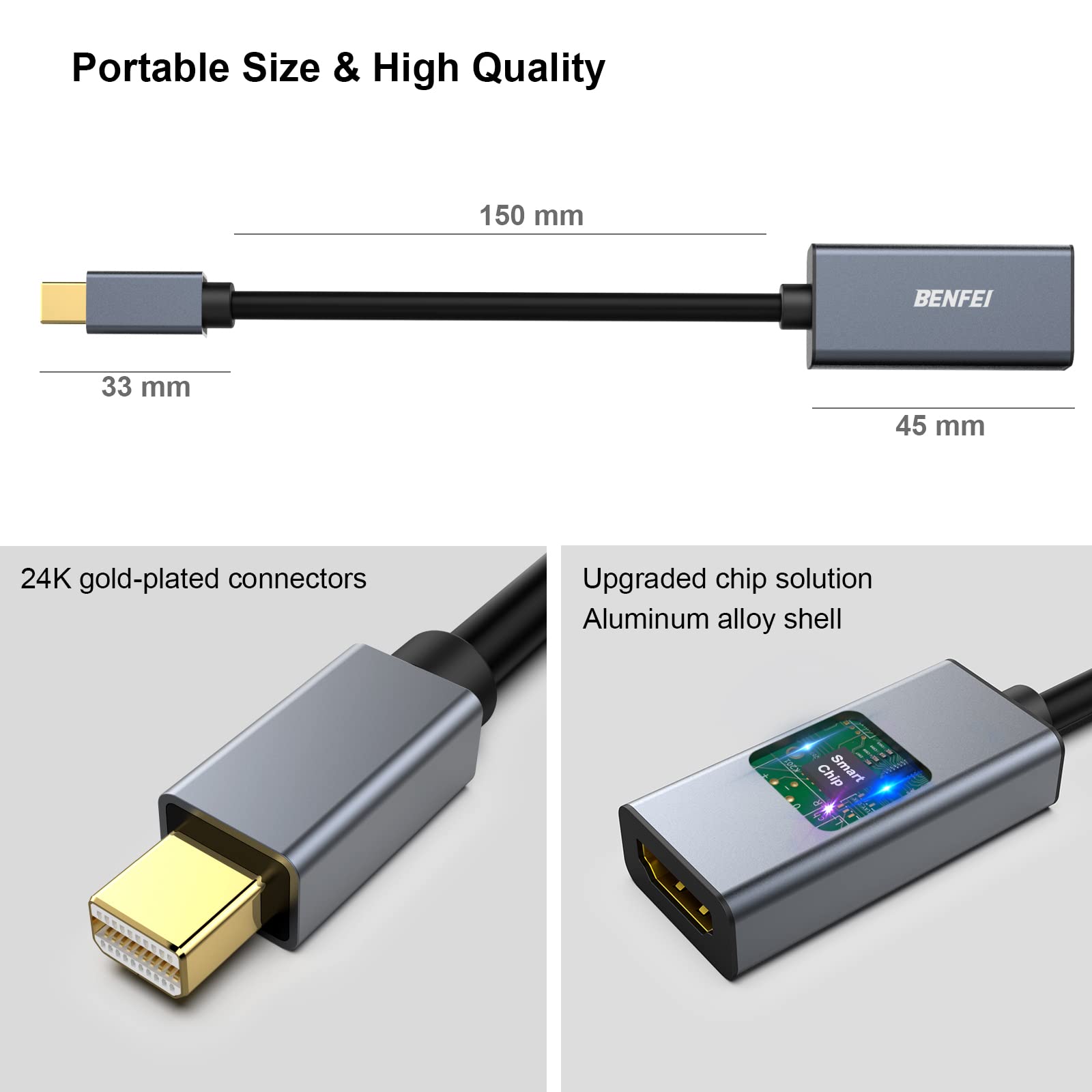 BENFEI Mini DisplayPort to HDMI Adapter 4K, Thunderbolt 2 to HDMI Adapter Compatible for MacBook Air/Pro, Microsoft Surface Pro/Dock, Monitor, Projector[Gold-Plated Connectors& Aluminium Shell]