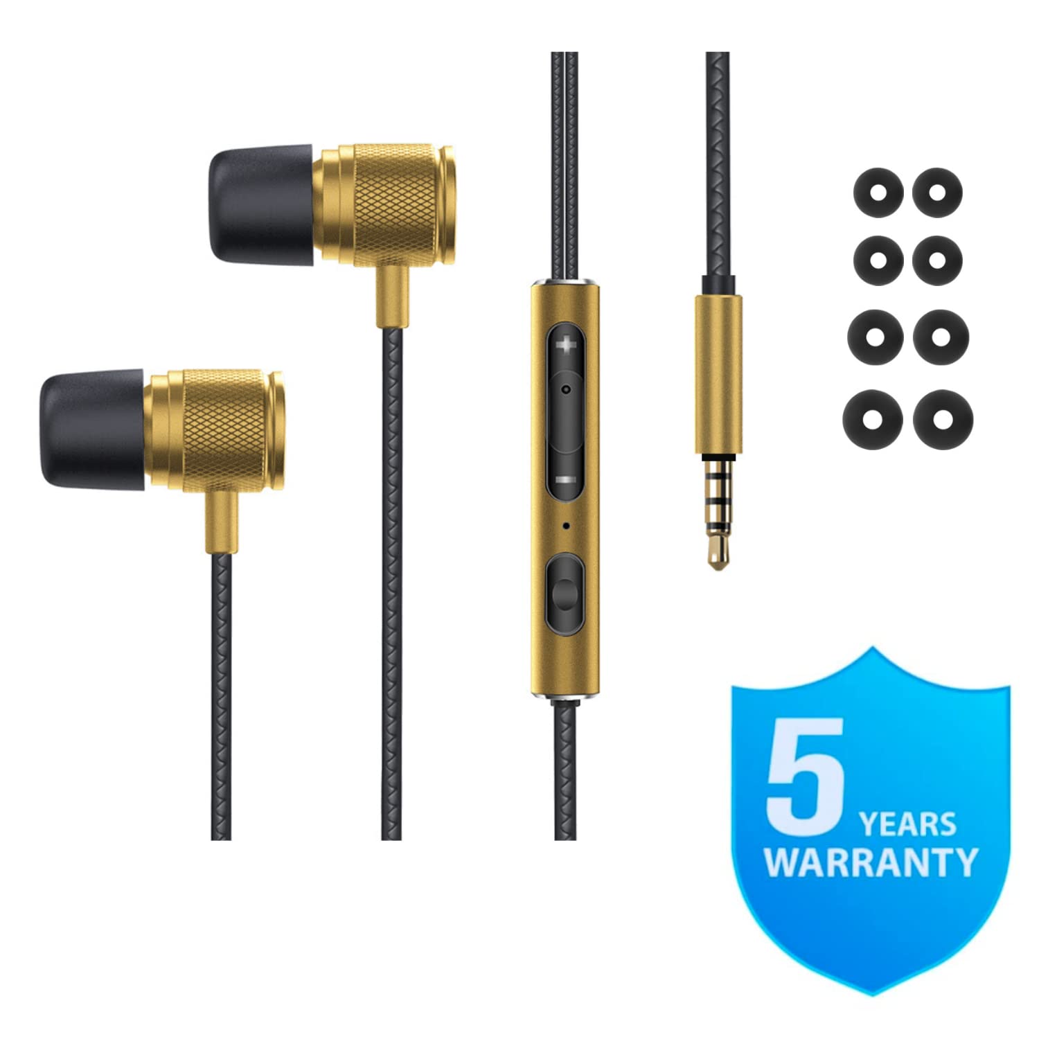 LUDOS Ultra Wired Earbuds in-Ear Headphones, 5 Years Warranty, Earphones with Microphone, Noise Isolating Ear Buds, Memory Foam for iPhone, Samsung, School Students, Kids, Women, Small Ears - Gold