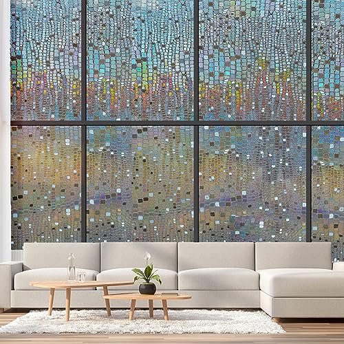 Beautysaid Window Privacy Film Stained Glass 3D Rainbow Prism Window Clings Heat Blocking Window Tint Sun Catchers Peel and Stick Decorative Window Decals Home Bathroom Door(Pure,35.4x118 in)