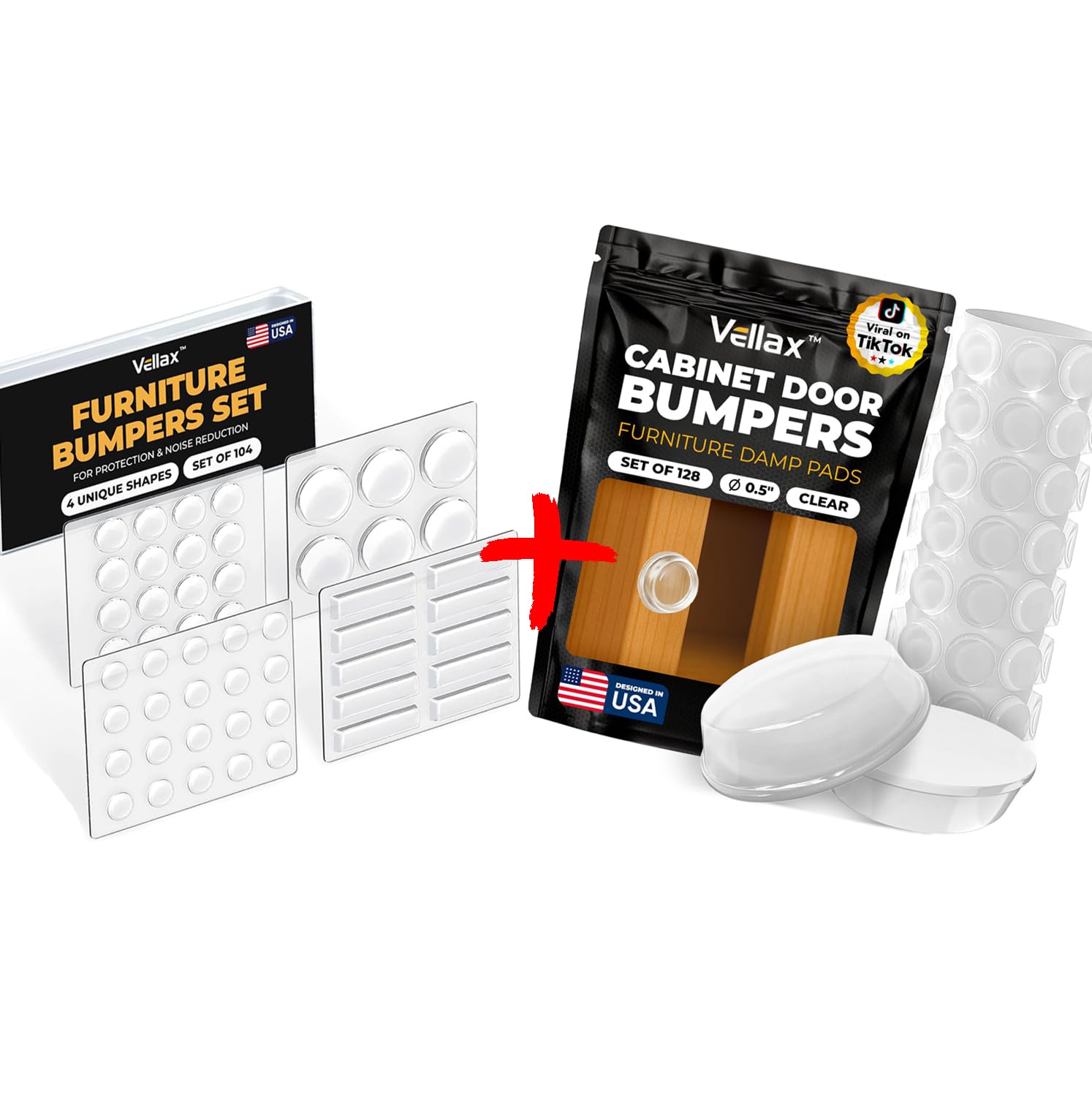 Vellax 128 Clear Cabinet Door Bumpers & 104 Clear Cabinet Bumper Pads - Self-Adhesive Silicone Buffer Set with 4 Shapes for Doors, Drawers & Furniture