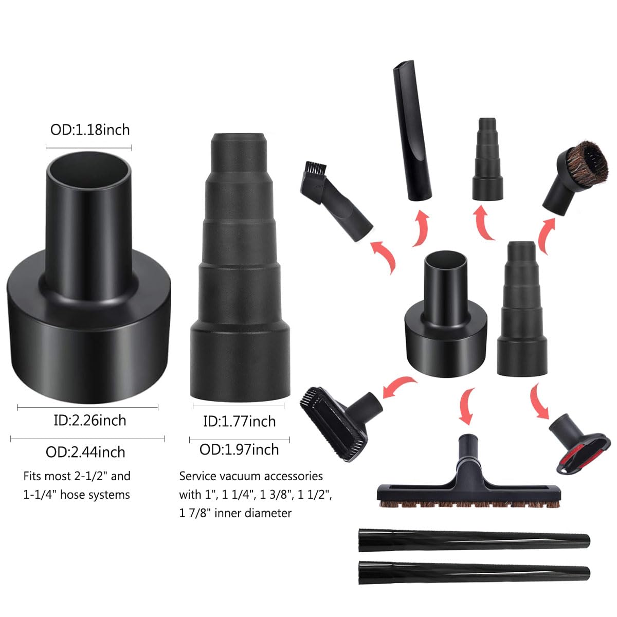 MZY LLC Vacuum Attachments for Shop Vac Accessories, 1 1/4" to 2 1/2" Vacuum Cleaning Accessorie Kit, 1" to 1 7/8" Vacuum Brush Attachment for Shop Vac Attachments Set of 11