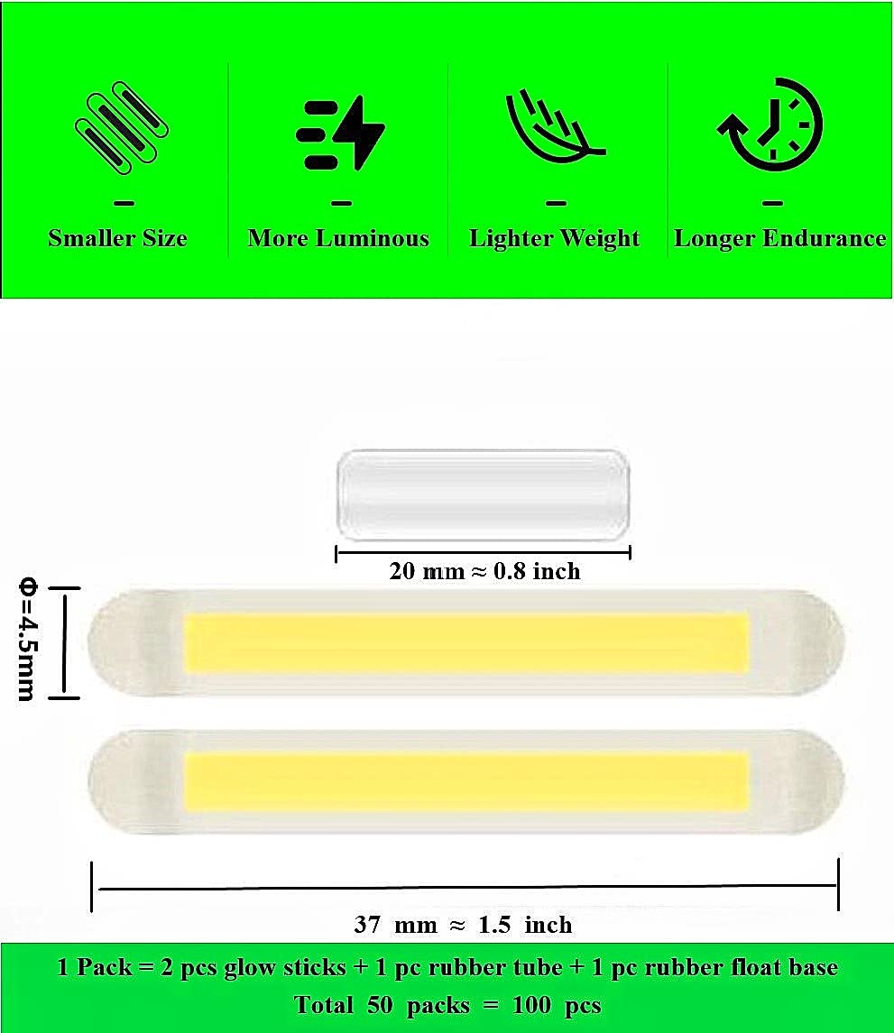 TRZLIFE 100PCS Fishing Glow Sticks (50 Bags) 10Hrs Long-Lasting 180m High Visibility Mini Float Lights Compatible with Bobbers/Rod Tips/Underwater/Sea/Catfish/Surf Bank Fishing Pro Terminal Tackle
