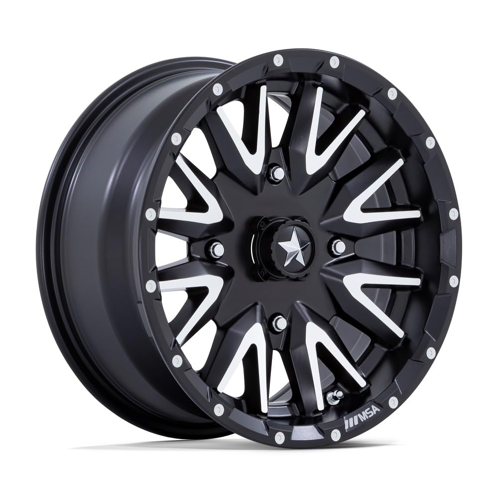 Bundle - 9 Items: MSA Creed 15" Wheels Machined 32" DX440 Tires [4x110 Bolt Pattern 12mmx1.25 Lug Kit]