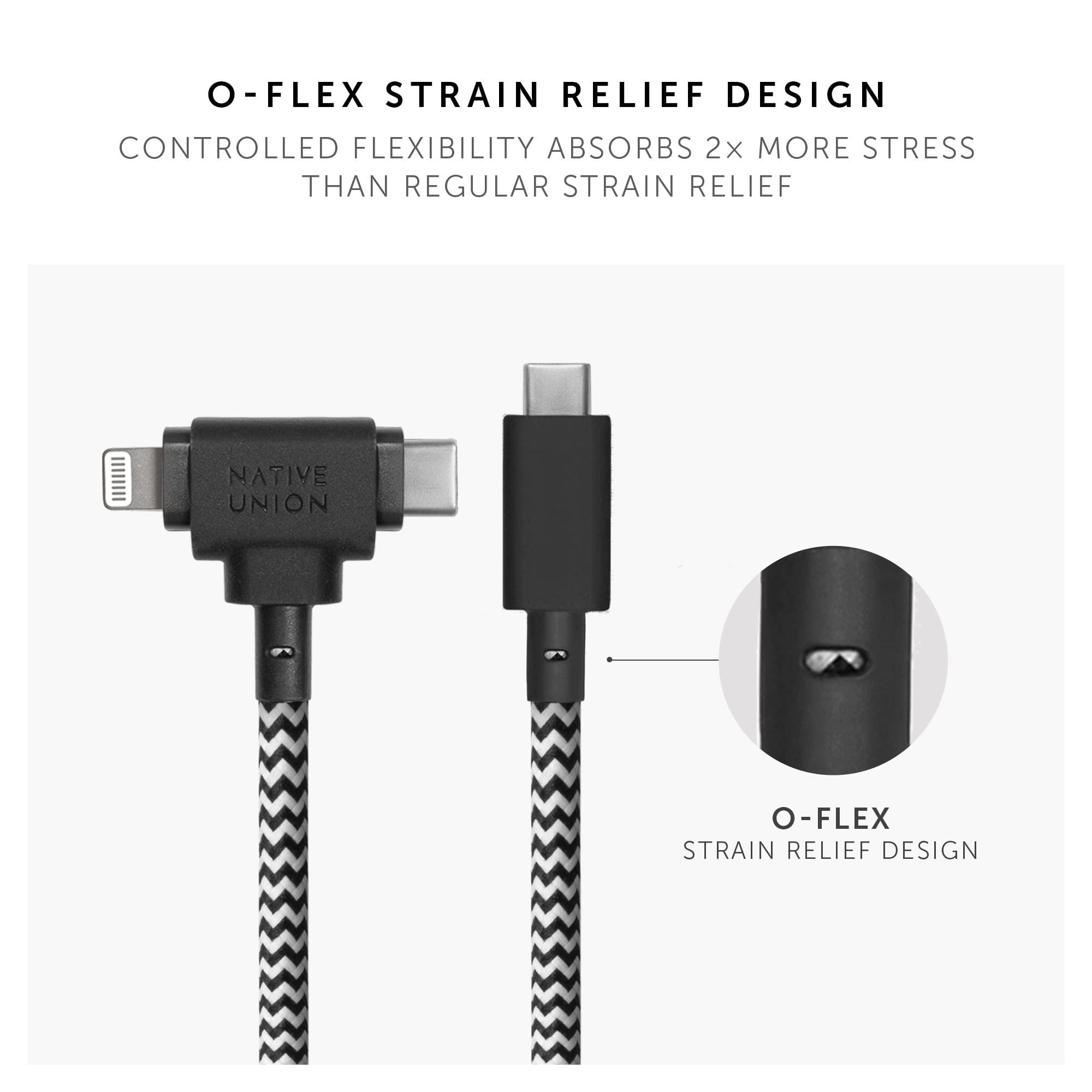 Native Union Belt Cable Duo – 5ft Ultra-Strong Braided Universal Charging Cable – Made with Recycled Materials – 2-in-1 Multi-Device MFi Certified Connectors for Lightning & Type-C Devices (Zebra)