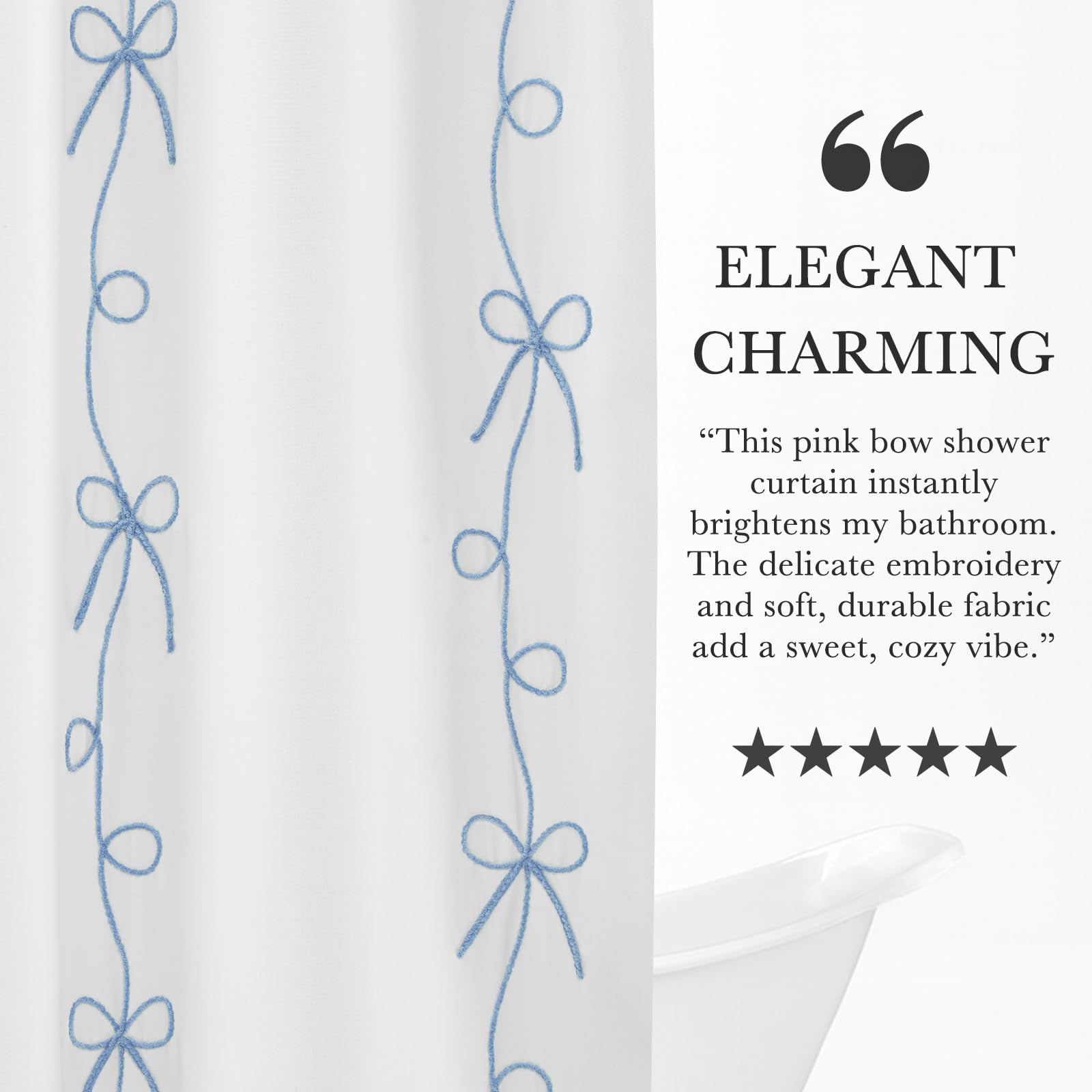 Seasonwood Blue Bow Shower Curtain Cute Fabric Shower Curtain 72 x 72 Inches, Aesthetic Embroidered Textured Shower Curtains Elegant Pretty Bathroom Decor