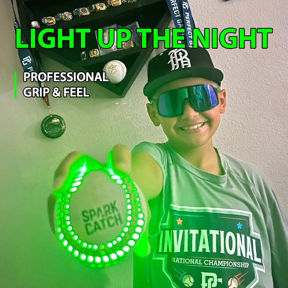 SPARK CATCH Light Up Baseball, Glow in The Dark Baseball, Sports Gear Accessories Gifts for Boys 8 9 10 11 12 13 14 15 Years Old, Kids Teens All Ages Gift Ideas (Impact-Activated version) (Neon Green)