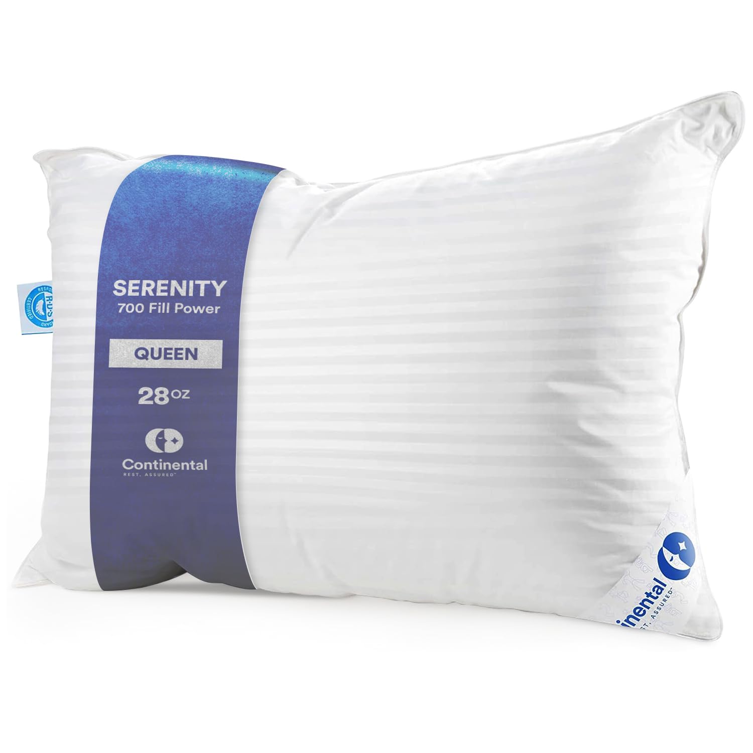 Continental Bedding | Serenity Goose Down Pillow | 700 Fill Power Hungarian White Down | 400TC Cotton Damask Shell | Made in USA | Firm, Queen (Pack of 1)