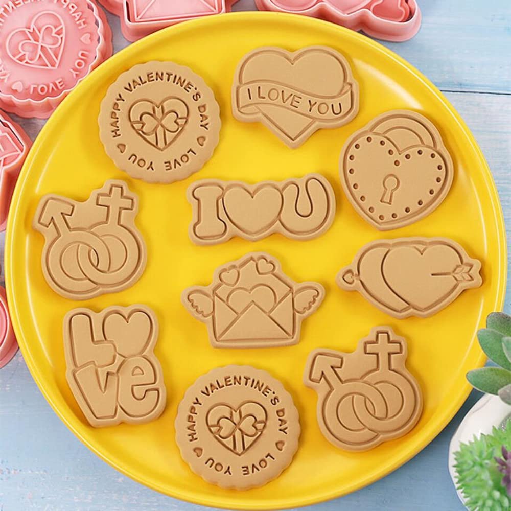 8 Pieces Valentine's Day Cookie Moulds For Baking I Love You Cookie Press Cookie Mould Set Kitchen Tools Plastic Cookie Stamps (Valentine's Day A)