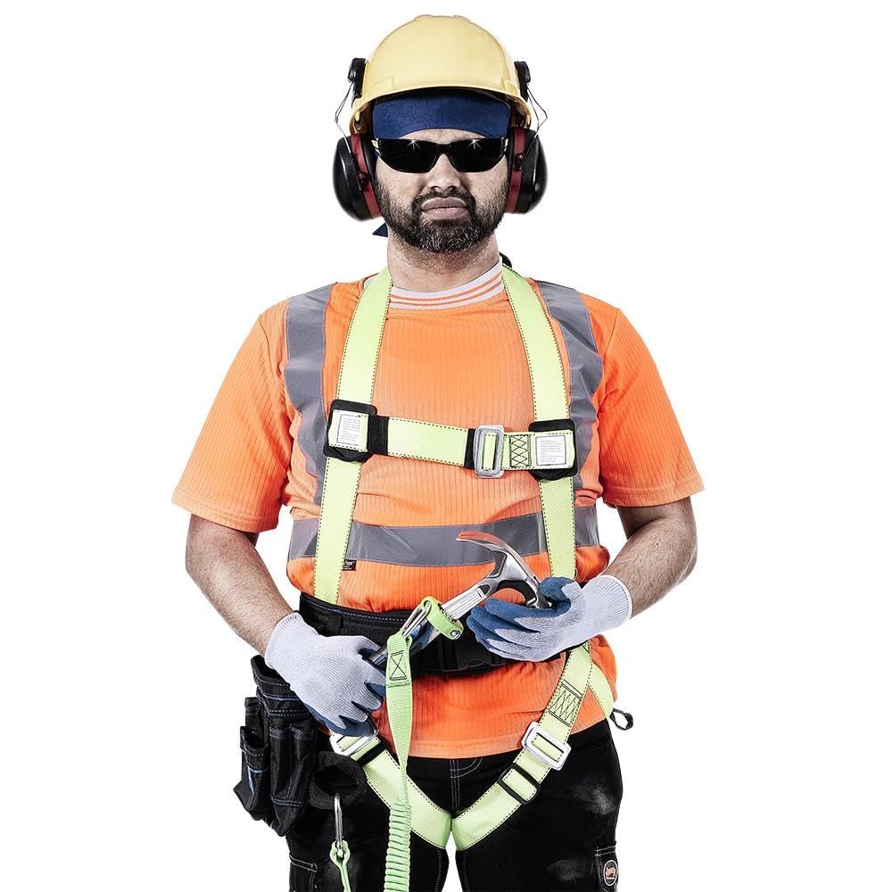 PeakWorks Safety Harness Fall Protection – Full Body, ANSI OSHA Compliant, Adjustable, Hi Vis, 3 Point System with Fall Indicator, D Ring - Green