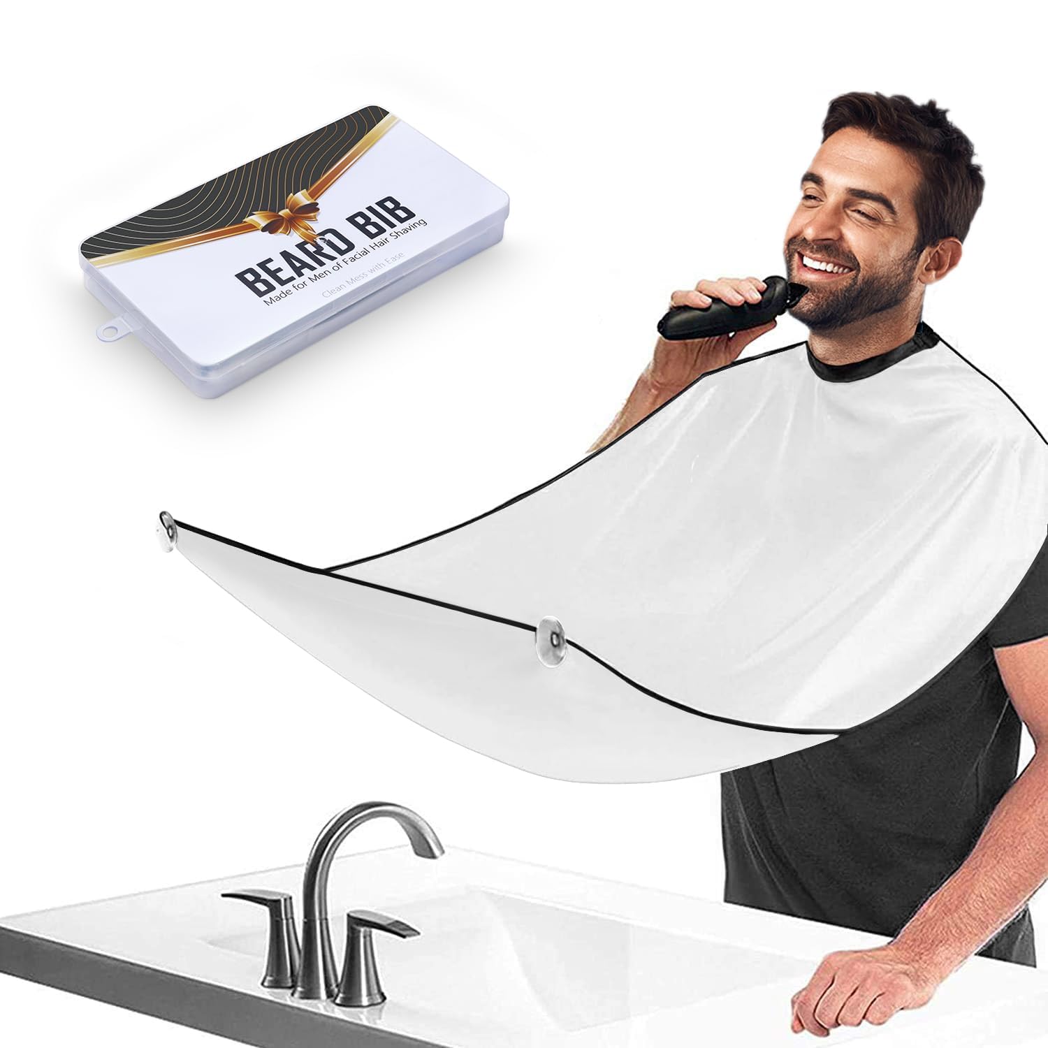 Beard Bib Apron for Men, Gift Beard Trimming Catcher Bib for Shaving & Hair Clippings, Waterproof Non-Stick Hair Catcher Grooming Cloth with 2 Suction Cups(White)