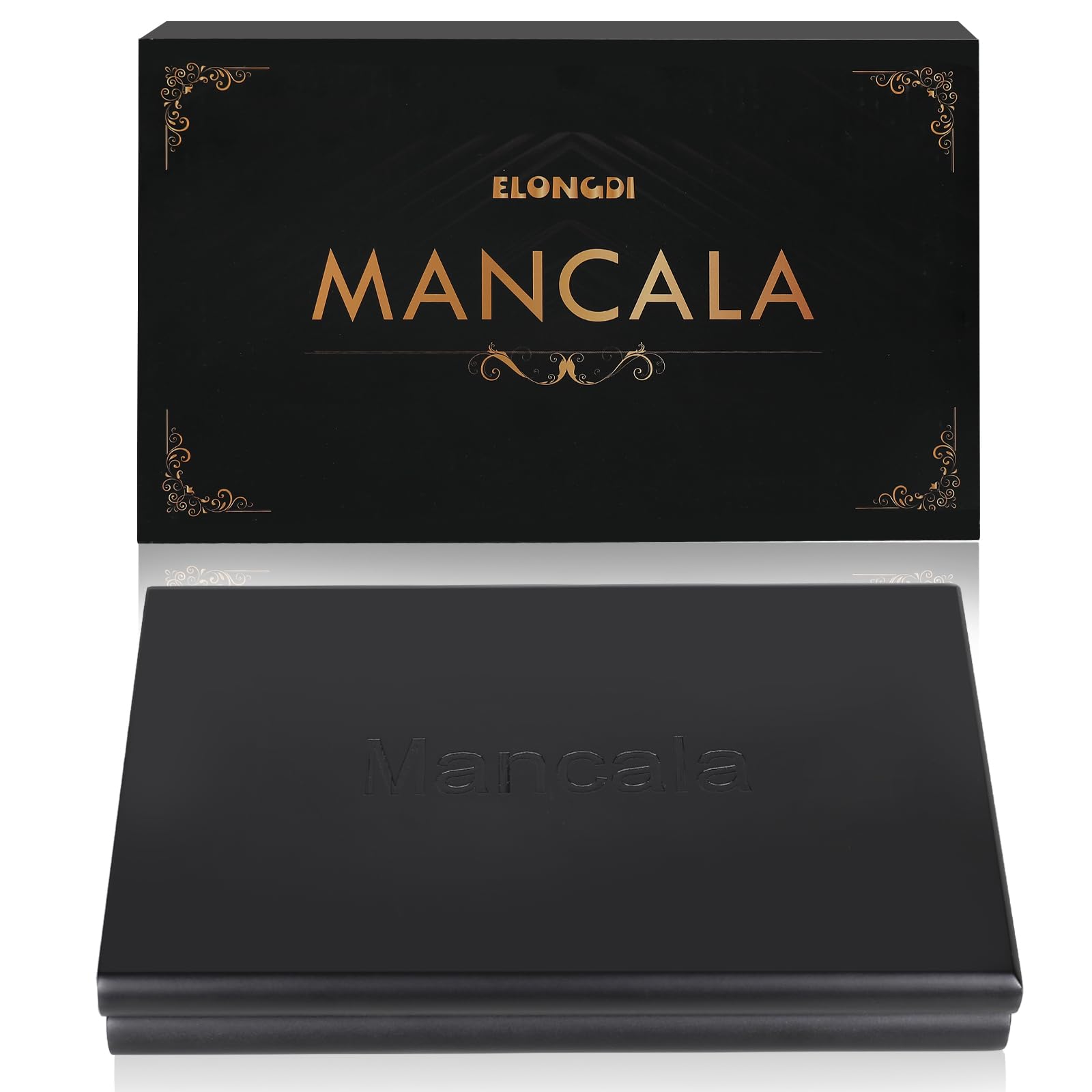 ELONGDI Wooden Mancala Board Game Set with 48 + 24 Multicolor Glass Stones Portable Folding Board for 2 Players Classic Travel Games for Adults and Kids（Unfolds Size：8.8 inches）